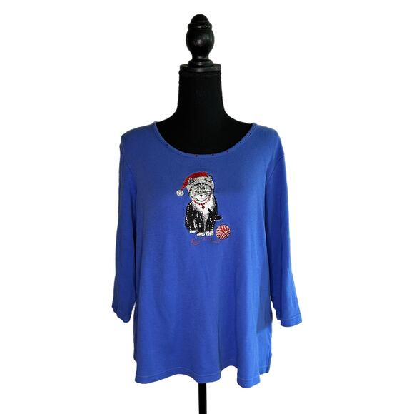 Quacker Factory Women’s Blue Long-sleeve Top, Embroidered Cat, Large, Pre-owned - Picture 1 of 6
